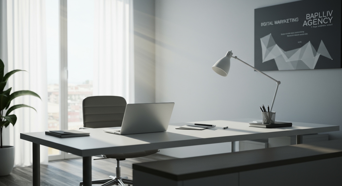 Professional Italian business workspace, modern office, laptop on clean desk, na
