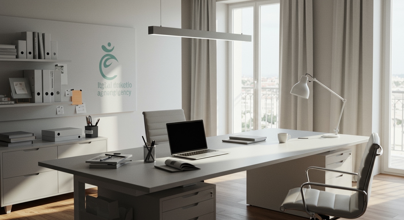 Professional Italian business workspace, modern office, laptop, clean desk, natu