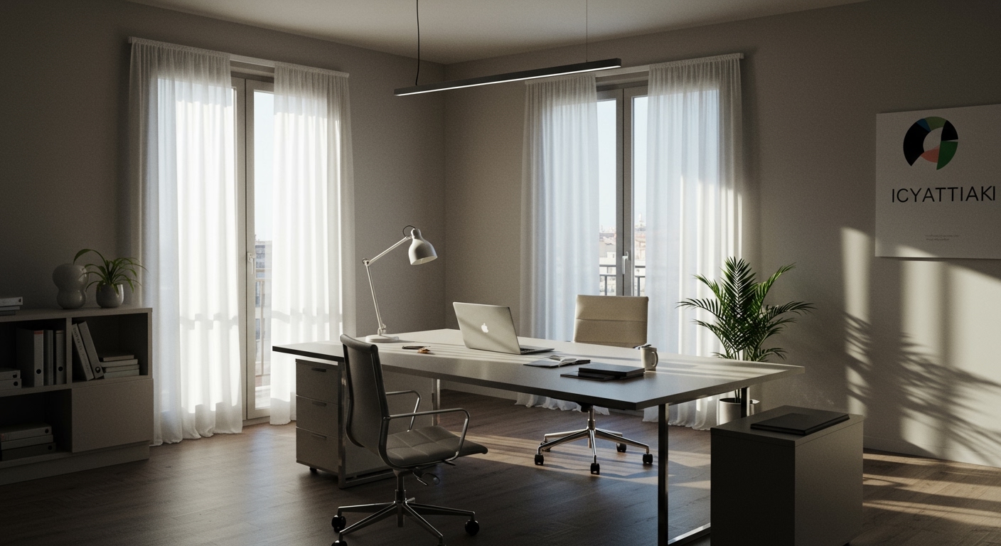 Professional Italian business workspace, modern office, laptop, clean desk, natu