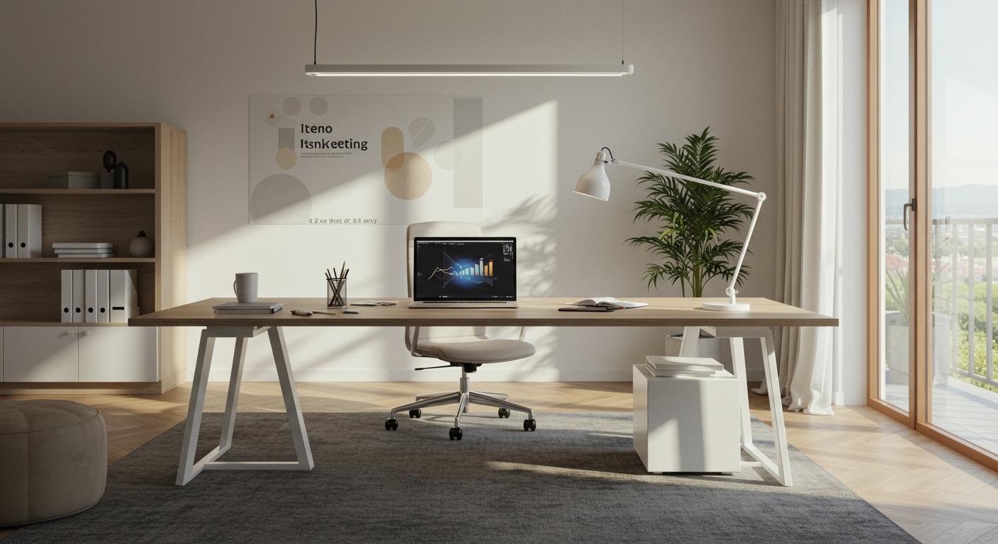 Professional Italian business workspace, modern office, laptop, clean desk, natu