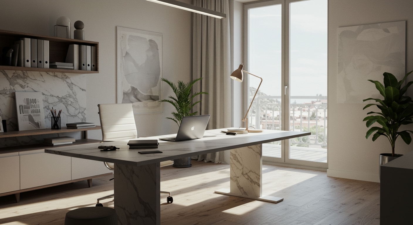 Professional Italian business workspace, modern office, laptop, clean desk, natu