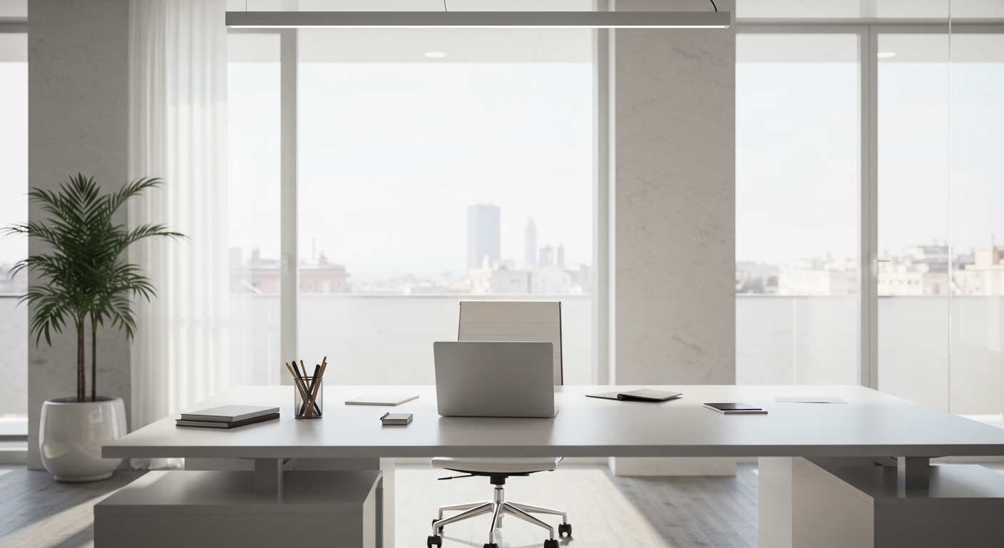 Professional Italian business workspace, modern office, laptop on clean desk, na