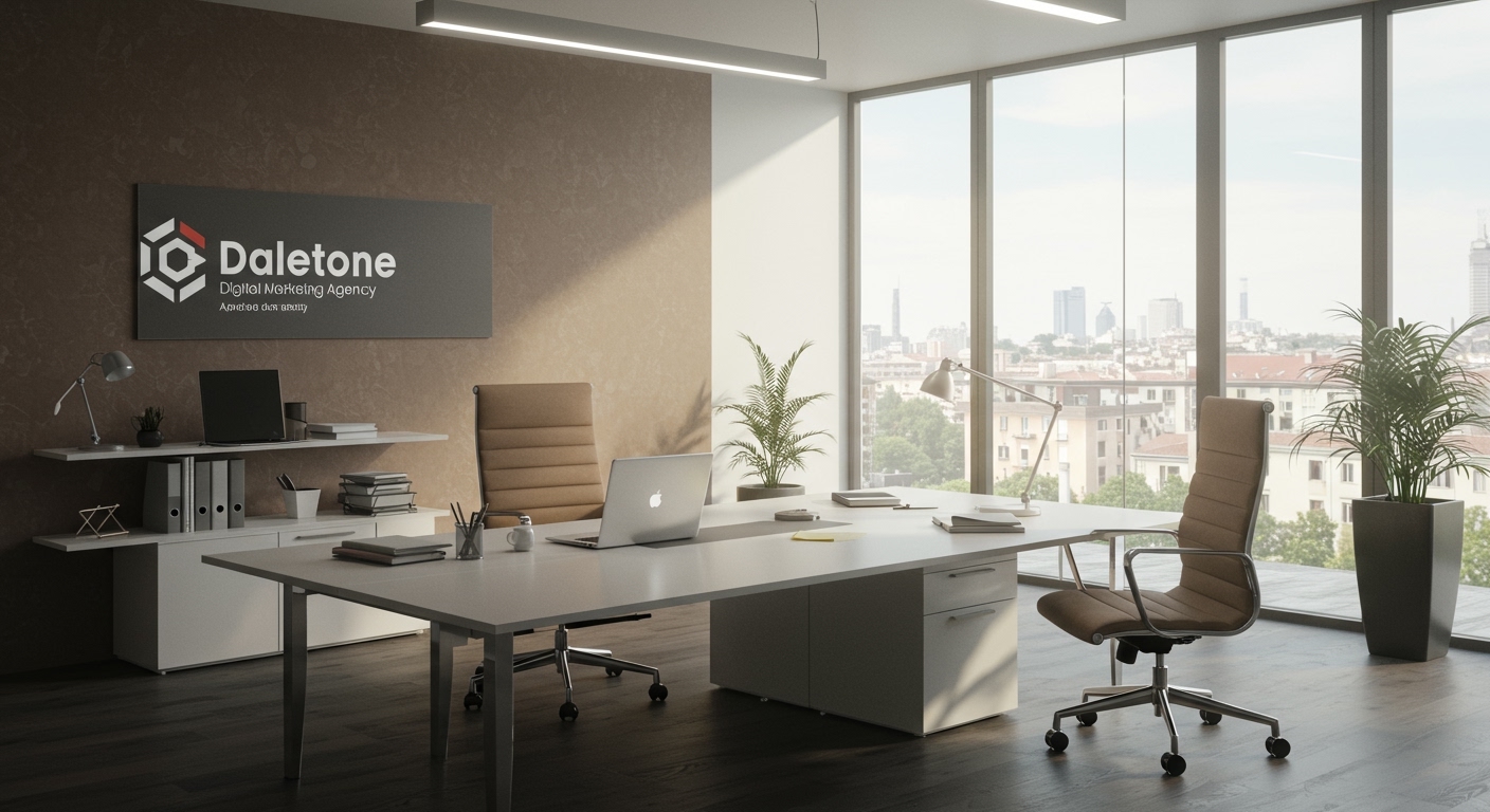 Professional Italian business workspace, modern office, laptop on clean desk, na