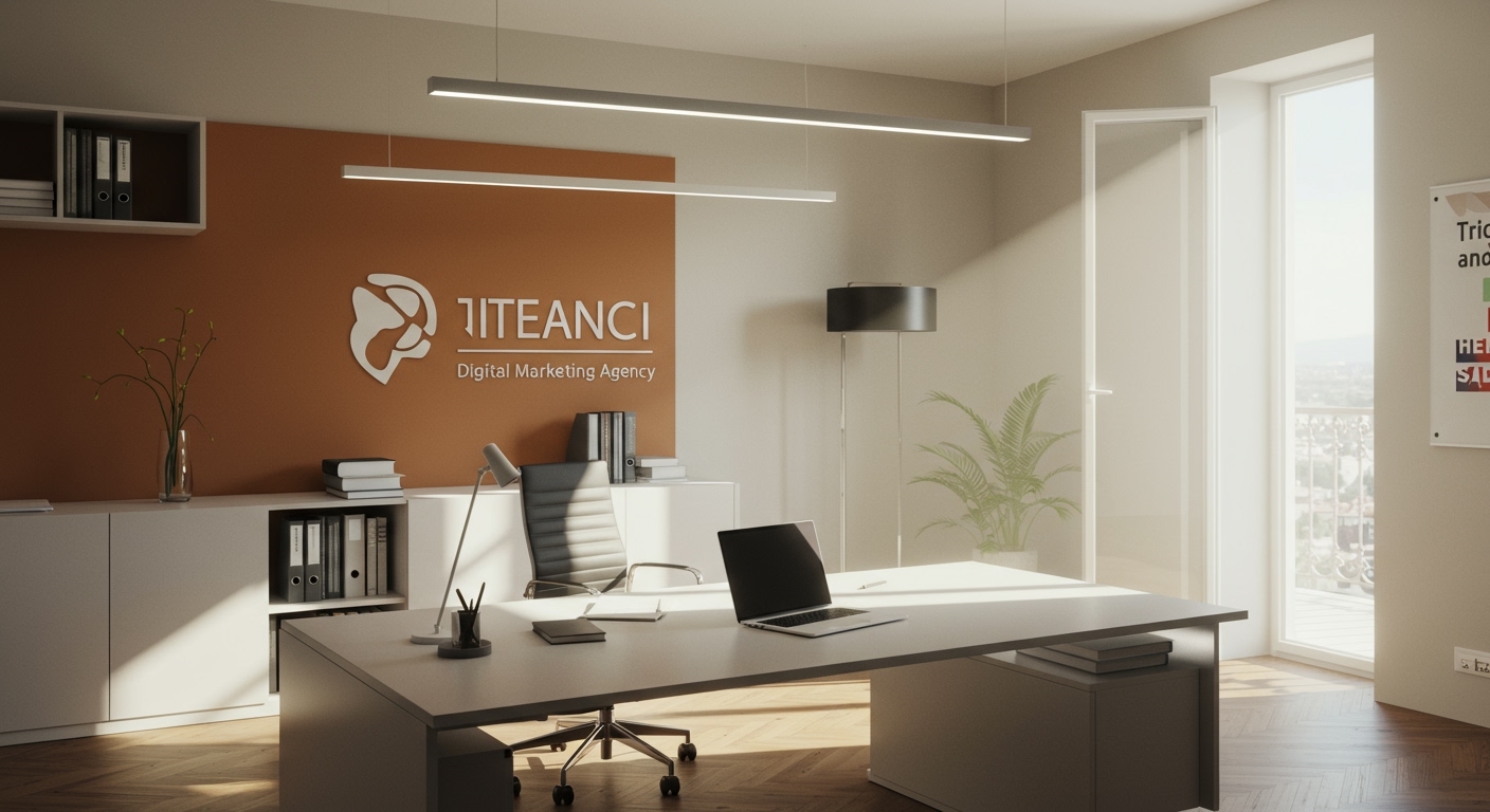 Professional Italian business workspace, modern office, laptop on clean desk, na