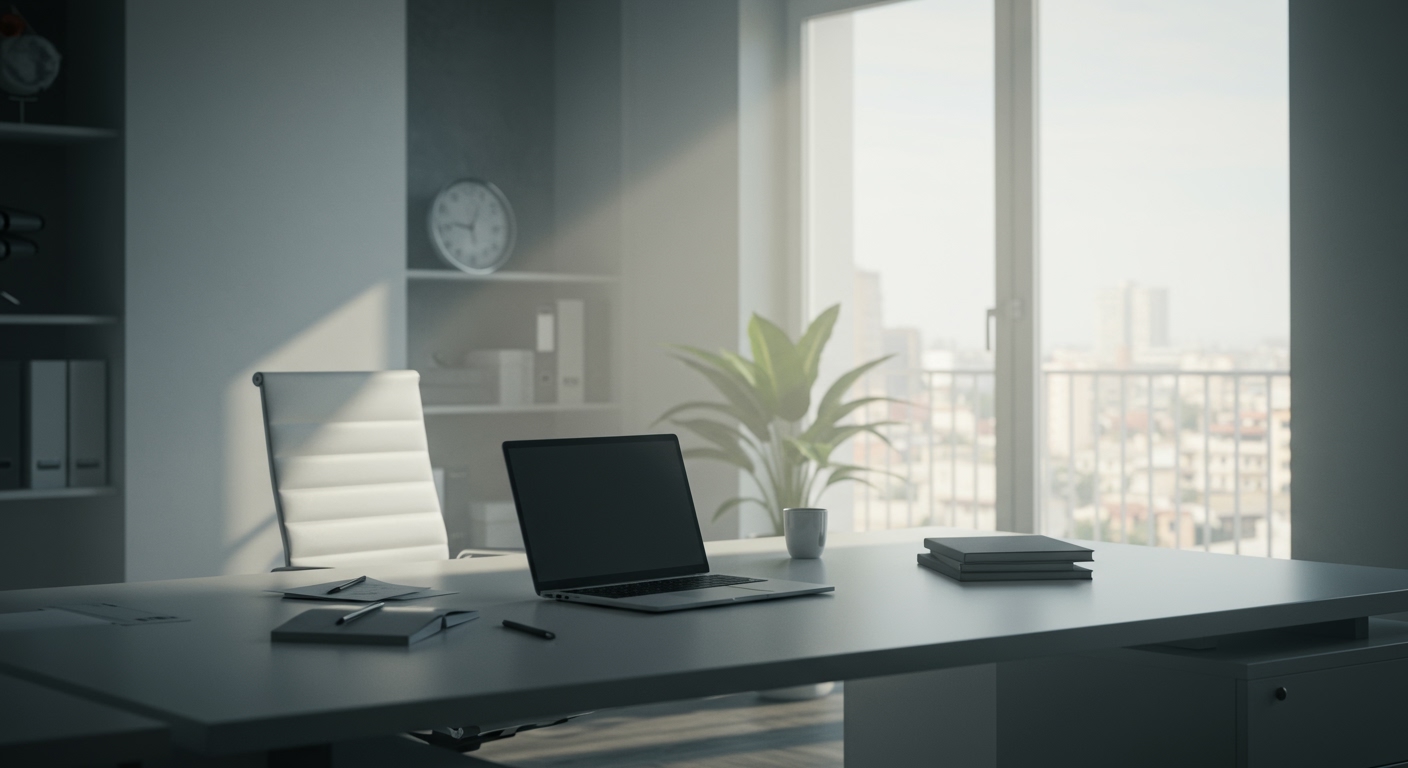 Professional Italian business workspace, modern office, laptop on clean desk, na